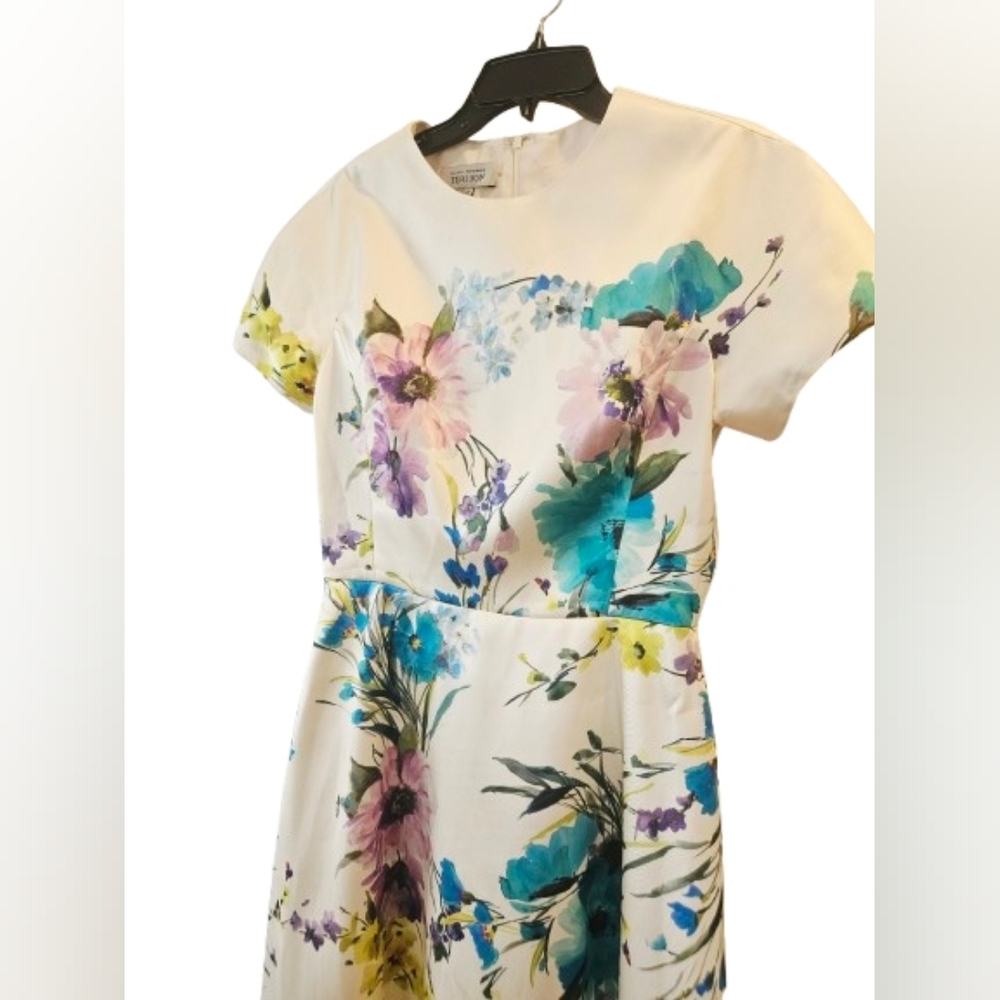 Teri Jon Colorful Floral-Print Short-Sleeve Mikado Midi Dress Women's Size 8 - Picture 3 of 12